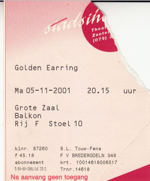 Golden Earring show ticket#Balkon F10 November 05 2011 Zoetermeer - Stadstheater